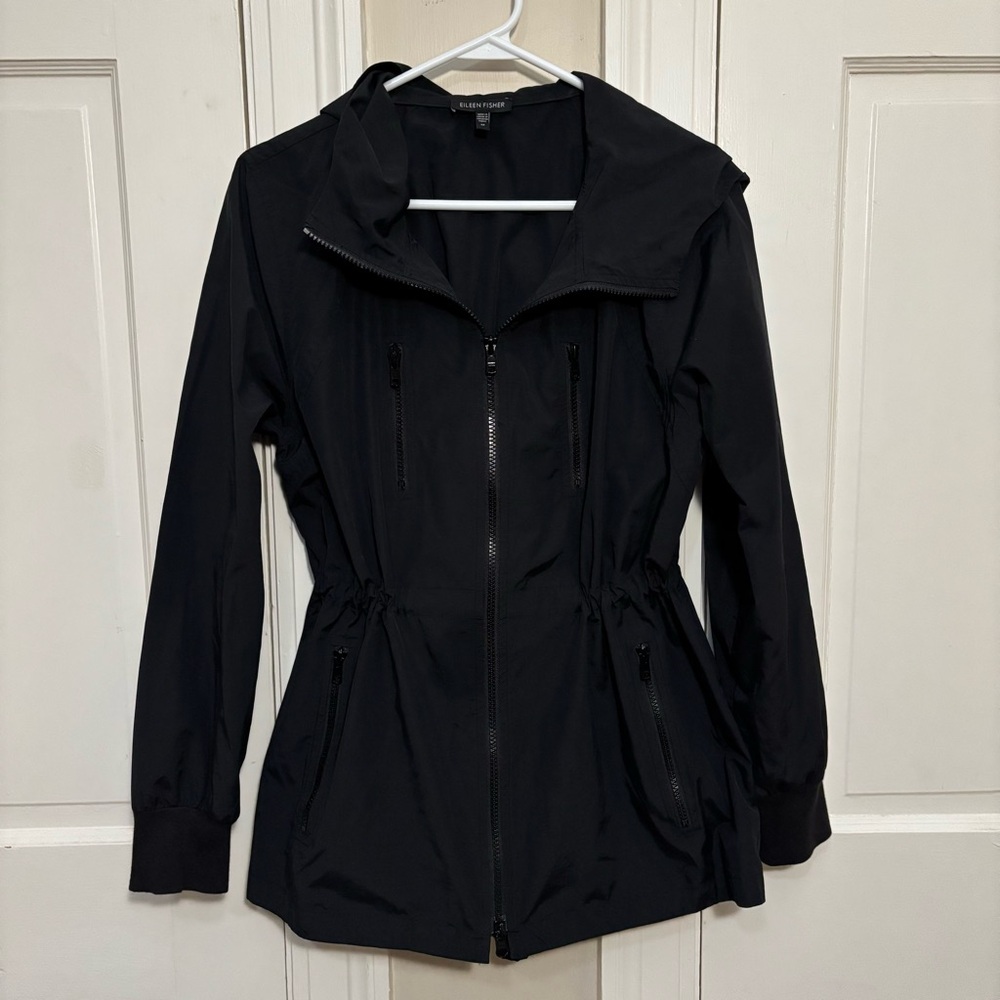 Eileen Fisher Black Hooded Raincoat Medium Nylon Cotton Elasticized Cuffs